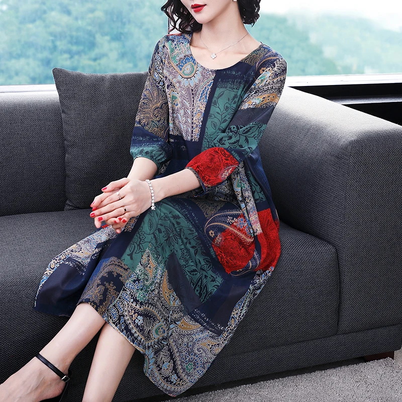 

New Spring Women's Retro-printed Silk Loose Summer one piece dress female lady o-neck short sleeve long t shirts pullover tops