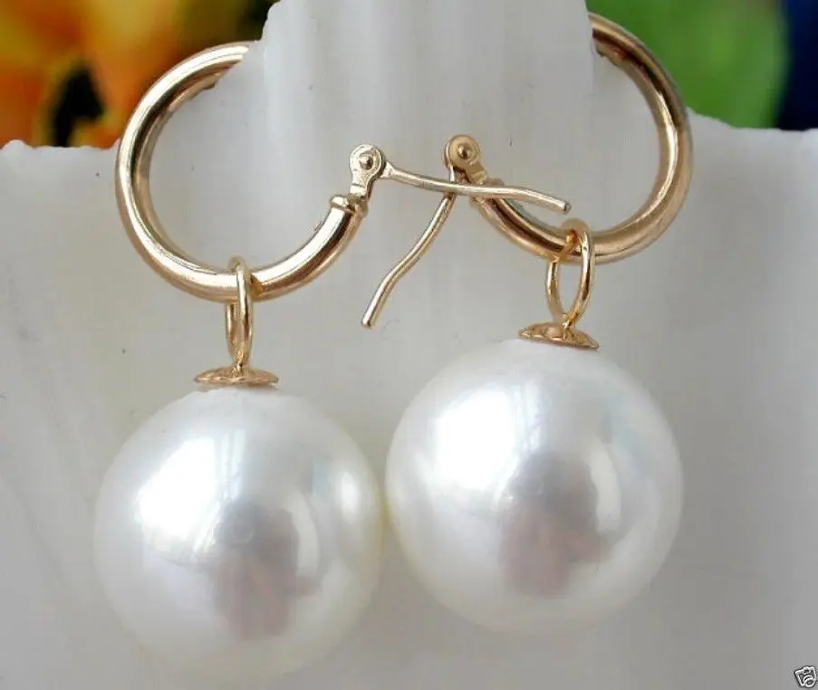 Free shipping@@@@@ HUGE 14MM PERFECT ROUND WHITE SOUTH SEA SHELL PEARL DANGLE EARRING 6.09 | Украшения и аксессуары