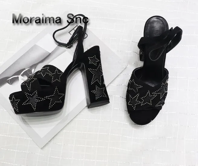 

Moraima Snc Summer Peep Toe Platform Sandal Sexy Rivets Studded Five-pointed Stars Ankle Strap Sandal Thick high heels Shoes