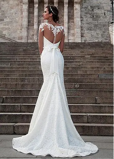 Дизайн изысканное кружевное свадебное платье с Имитация Длинного Рукава шеи и спины свадебное платье годе Vestido De Noiva
