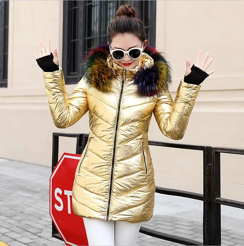 Женские зимние куртки, короткое теплое пальто серебряного цвета, стиль, Женская парка, роскошный меховой воротник размера плюс S-3XL - Цвет: Gold