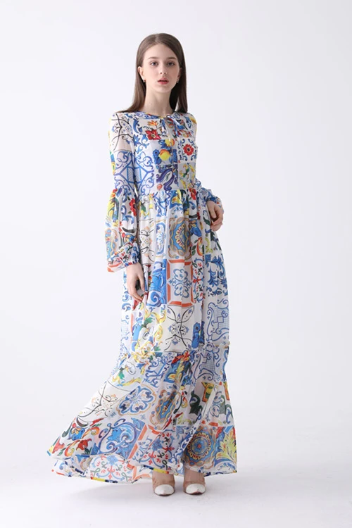 Голубое и белое фарфоровое шелковое длинное платье в пол высокого качества с длинными рукавами, Элегантное Длинное Платье Макси праздничное платье - Цвет: Многоцветный