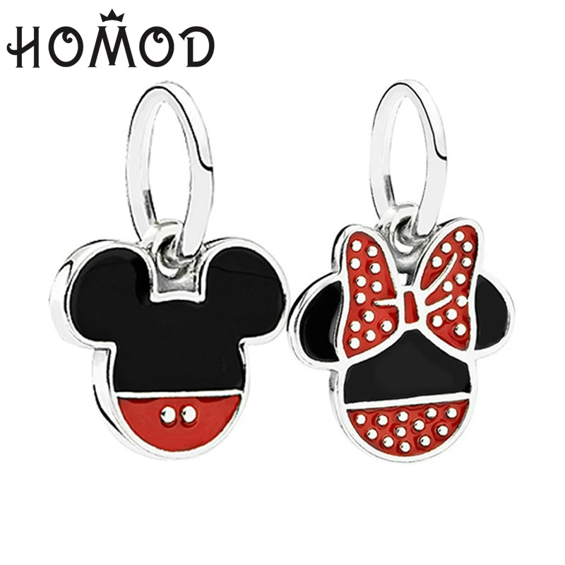 

HOMOD Silver Plated Drop Enamel Mickey&Minnie Mouse Beads Fits Pandora Pendant Dangle Cartoon Charms Fits Brand Charm Bracelets
