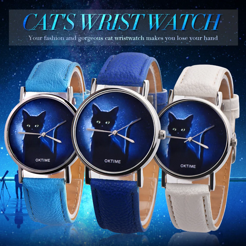 Новое поступление Женские часы с таинственным черным котом из искусственной кожи аналоговые кварцевые часы женские часы#0315