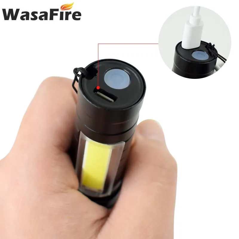 Мини-фонарик Wasafire Q5 и Cob Led Zoom алюминиевый 3 режима, перезаряжаемый фонарь, встроенный аккумулятор для кемпинга, охоты