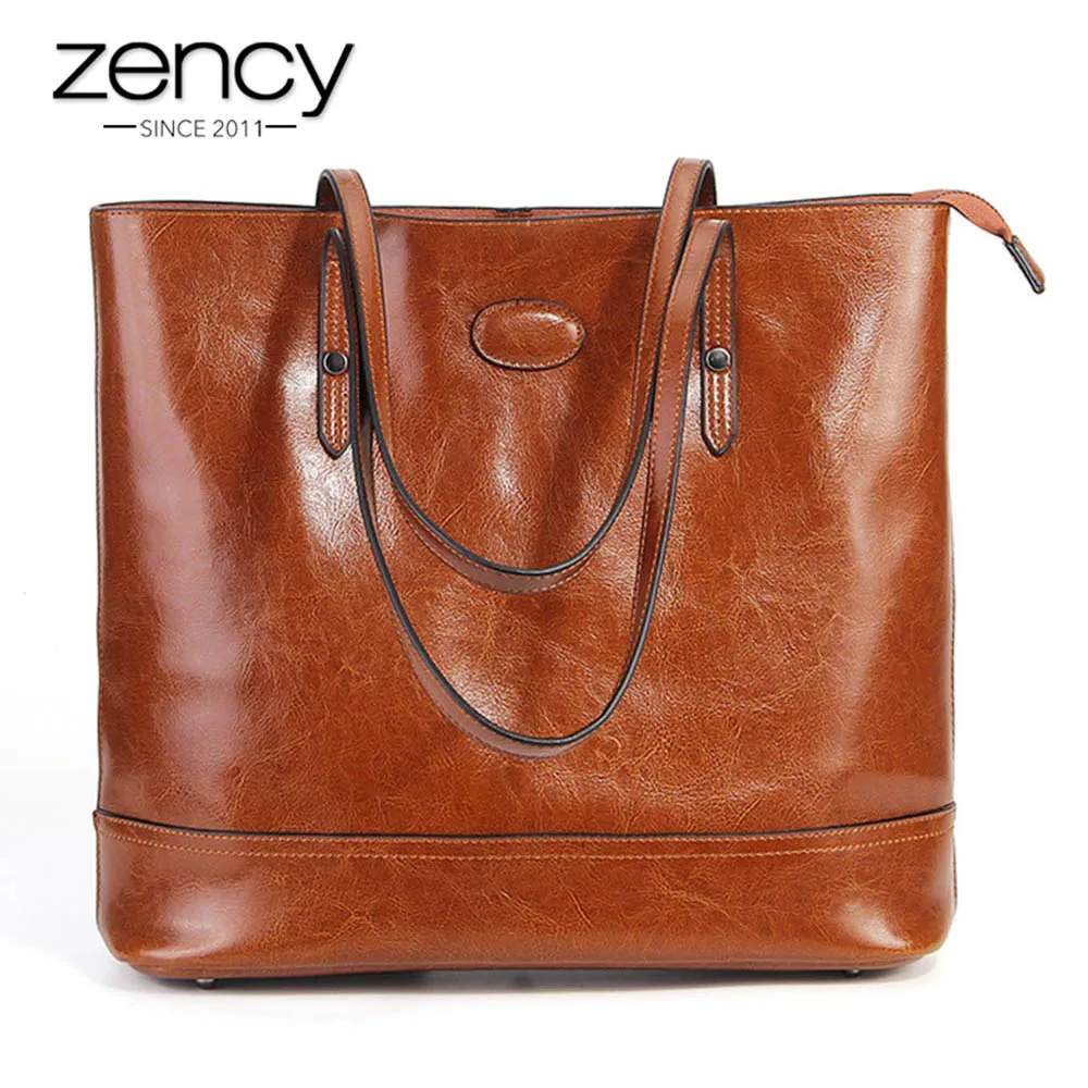 Zency 100% Genuine Leather Fashion Brown Women Shoulder Bag Large Capacity Shopping Bags Black Tote Handbag High Quality Purses