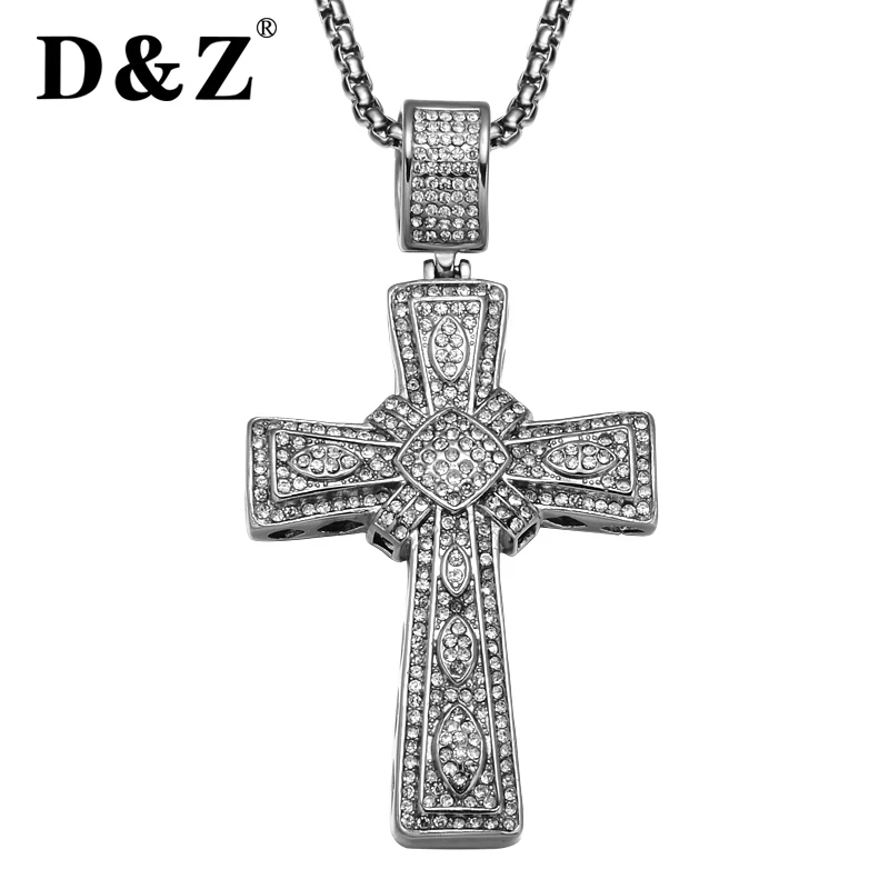 

D&Z Iced Out Men Cross Necklace Stainless Steel Full Paving CZ Cross Crucifix Pendants Necklaces for Men Jewelry