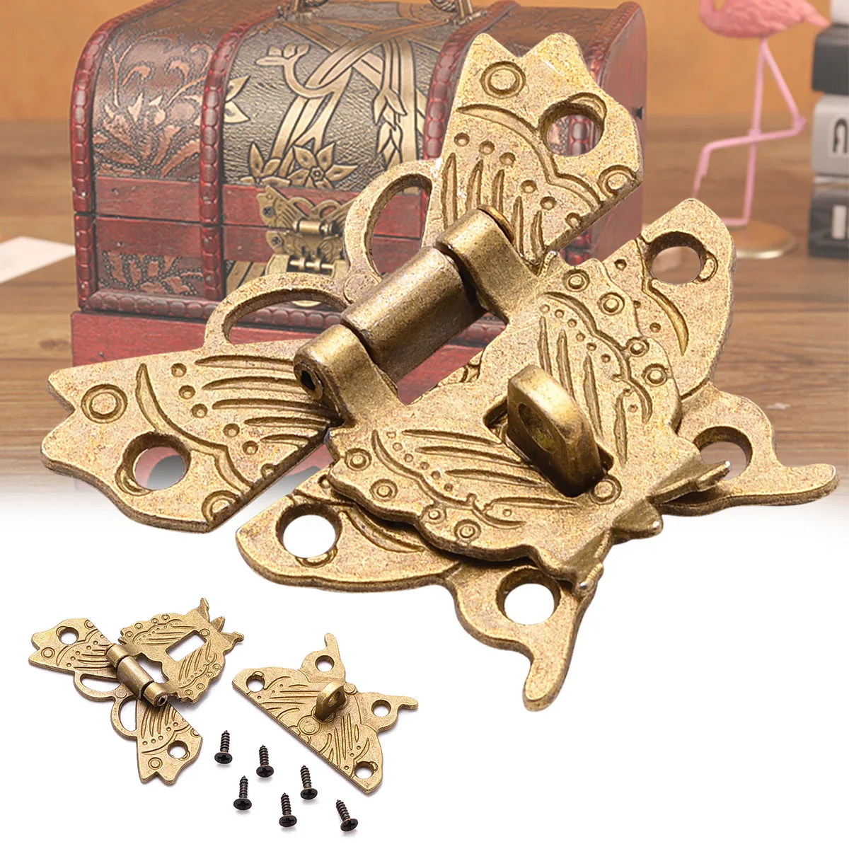 Retro Chic Butterfly Latch Catch Lock Vintage Alloy Wooden Jewelry Box Case Hasp Lock For Box Bag Surface Decor