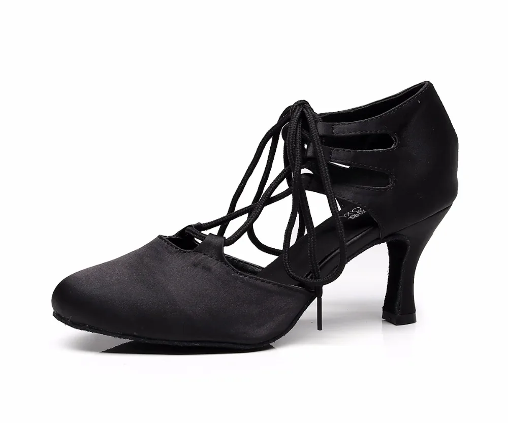 Women Ballroom Latin Dance Shoes Black Satin Salsa Social Party Shoes