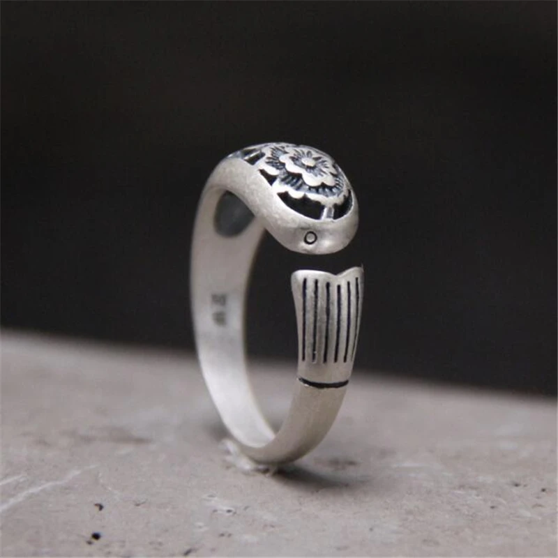 

Fashion 999 Sterling Silver Rings Fish Pattern Carved Open Adjustable Hollow Flower Rings Women Wedding Party Jewelry Gift