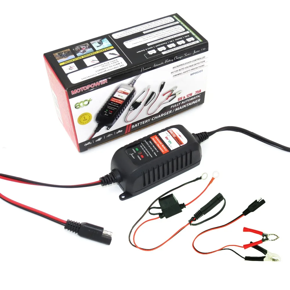 MOTOPOWER 6V 12V 750mA Fully Automatic Smart Battery Charger Maintainer for Car Motorcycle all types of lead acid batteries