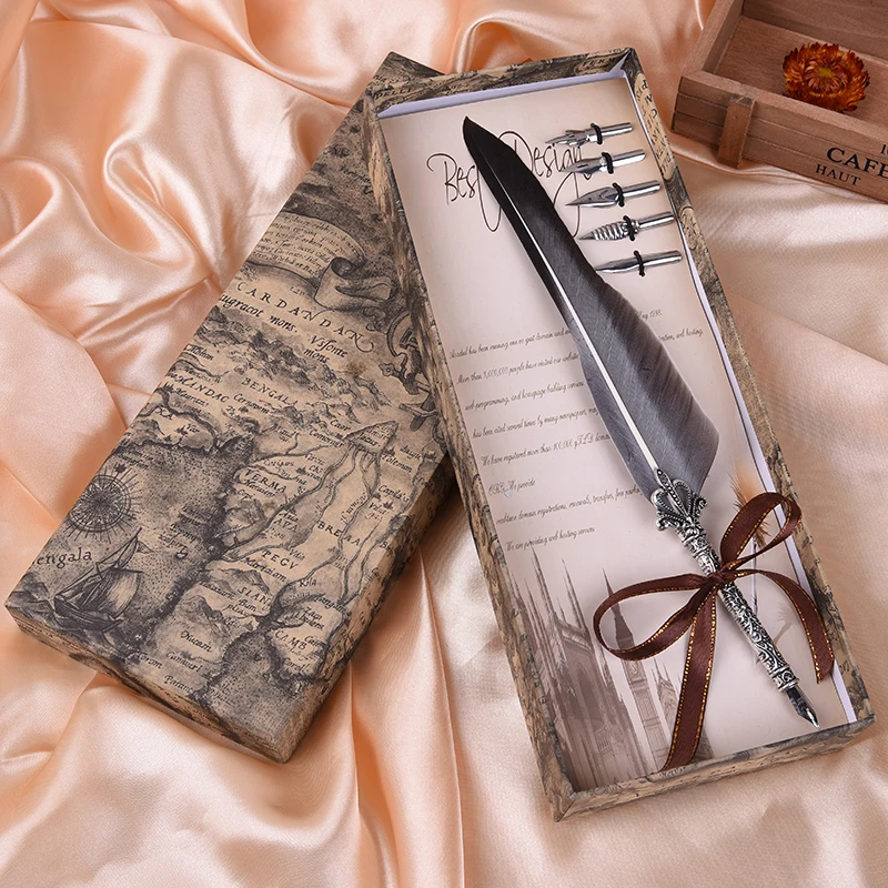 Antique Quill Feather Dip Pen Writing Ink Set Stationery Gift Box with 5 Nib Wedding Gift Quill Pen Fountain Pen Mother's Day acmecn luxury fountain pen grey 3d pattern chinese dragon golden clip with f nib for antique gift writing retro ink convert pens