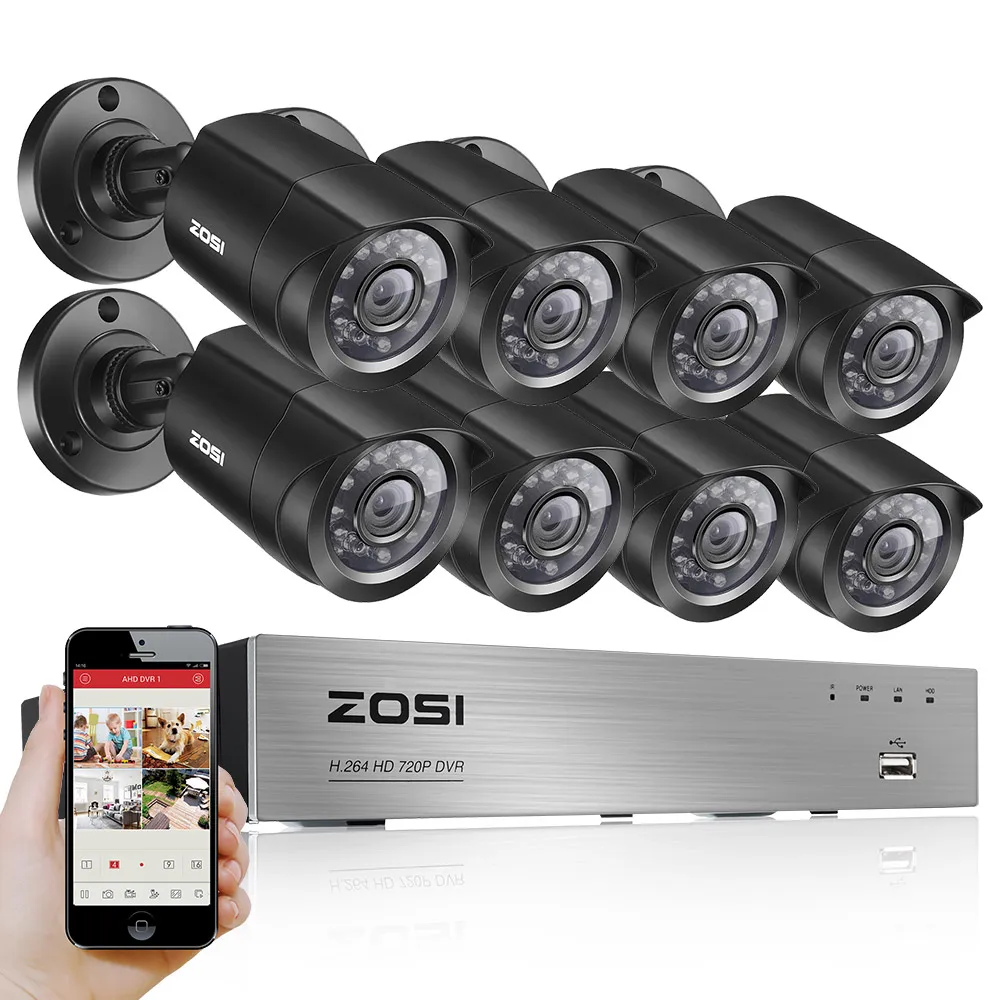 ZOSI 8-Channel 1080N HD-TVI DVR Surveillance Camera Kit 8x1280TVL Indoor Outdoor IR Weatherproof Cameras 65feet 20m Night Vision