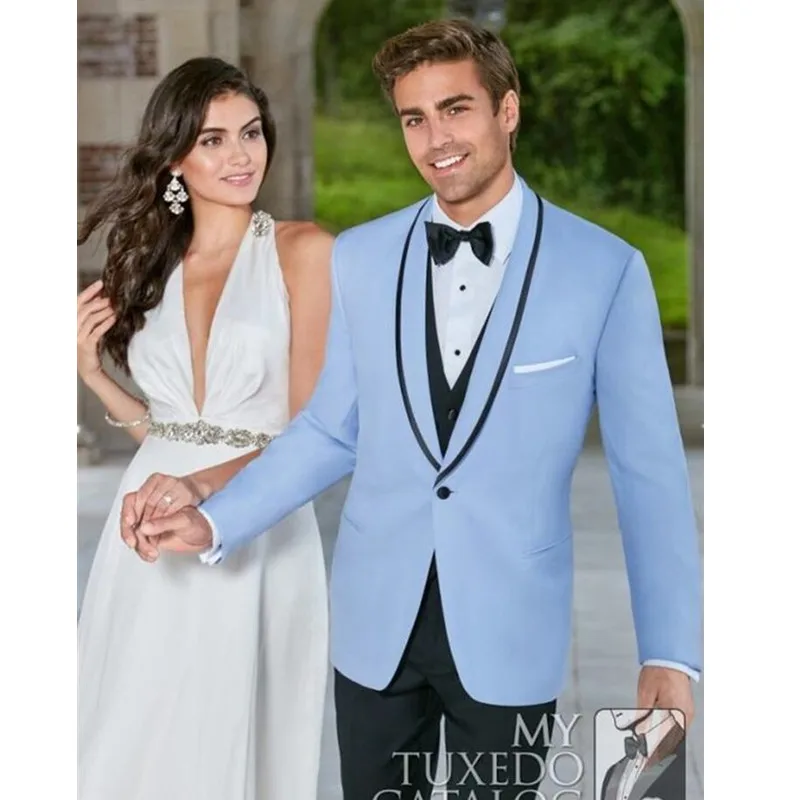 Nieuwste Jas Broek Ontwerpen Lichtblauw Bruiloft Pakken voor Mannen bruidegom Pak Slim Fit 3 Stuk Tuxedo Custom Prom Blazer Masculino Nieuwste Jas Broek Ontwerpen Lichtblauw Bruiloft Pakken voor Mannen bruidegom Pak Slim Fit 3 Stuk Tuxedo Custom Prom Blazer Masculino