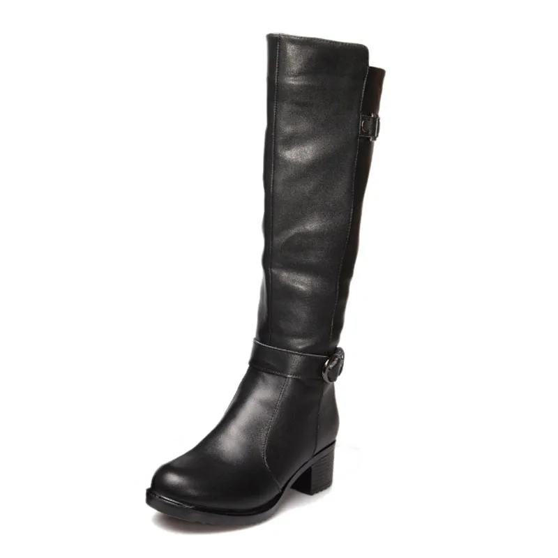 

New Fashion Ankle Strap Genuine Leather Plush Women Winter Boots Thick Heel Cool Knee High Riding Boots Women Motorcycle Boots