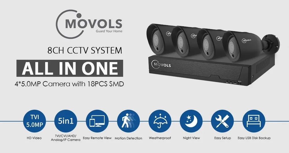 Movols 5MP система видеонаблюдения 8CH H.265 DVR 4 шт. 2592*1944 HD камера безопасности комплект Внутренняя/наружная IR-cut P2P система видеонаблюдения