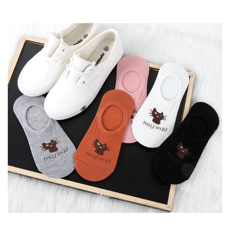 Cat Pattern Women Boat Socks Summer New Ladies Stealth Silicone Non-slip Socks Cotton Comfort Girls Sport Socks Solid Color6