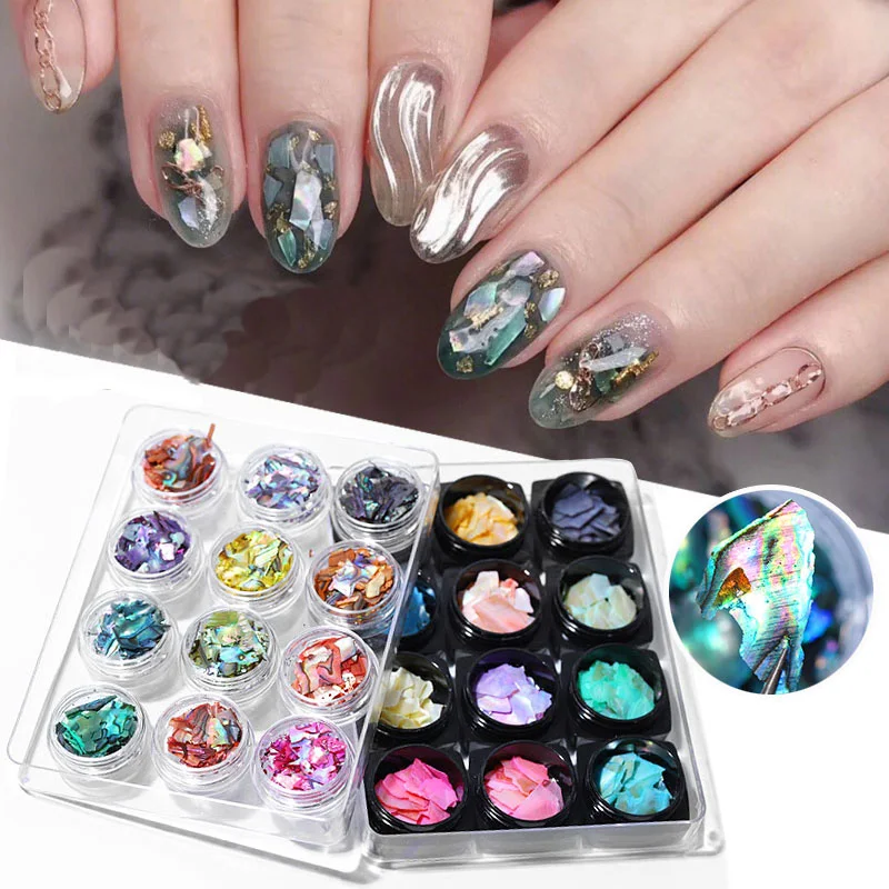 

12Pots Mermaid Shell Flakes Gradient Stones Irregular Broken Nail Art Decoration 3d Manicure UV Gel Polish Accessory New Design