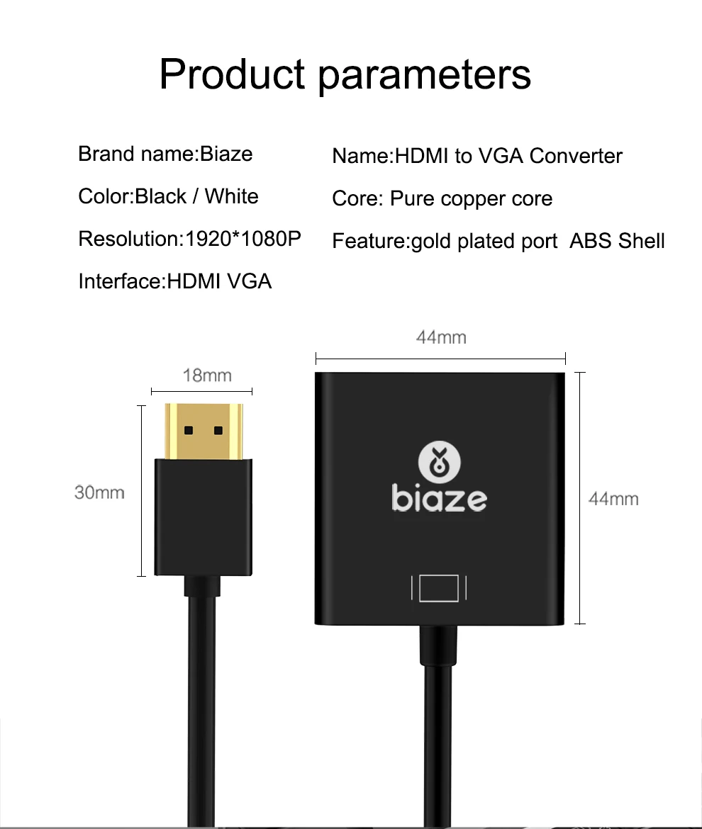 Biaze HDMI в VGA адаптер 1080P цифро-аналоговый видео аудио конвертер HDMI кабель для Xbox 360 PS3/4 PC ноутбук ТВ коробка проектор