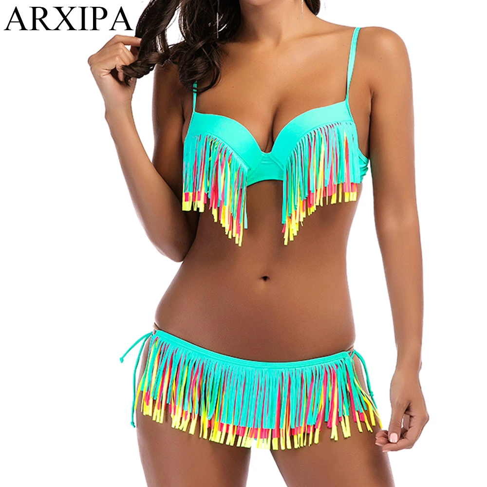 SALE  ARXIPA Rainbow Fringe Bikini Underwire Skirt Swimsuit Knot Molded Padded Swimwear Tassel Tie Bralet