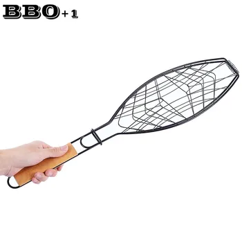 

Non-stick Fish Grilling Basket BBQ Meshes Camping Grill Rack Single Fish Basket w/Wood Handle Barbecue Fish Grilled Folder Clip