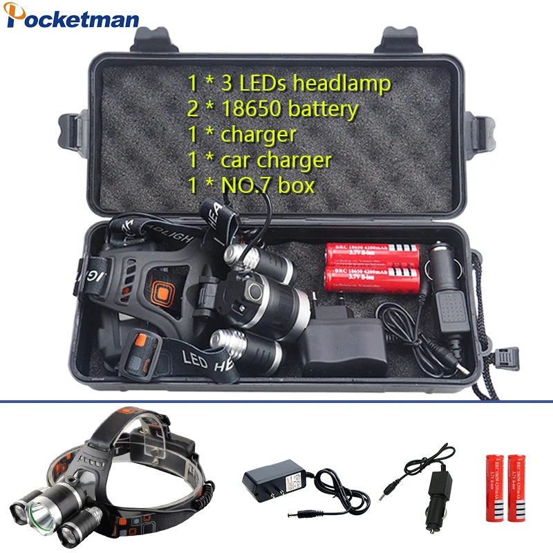 

3*T6 LED Headlamp + Box/18650 Battery/Charger 10000Lm Headlight 4 Modes Camping Fishing Lights USB Rechargeable Head Lamp Light