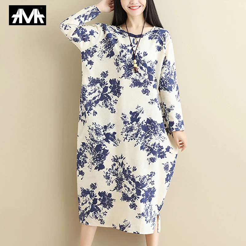 

Bohemian style Blue White summer Dress Cotton and linen Loose Long sleeve Vintage Femme Dresses