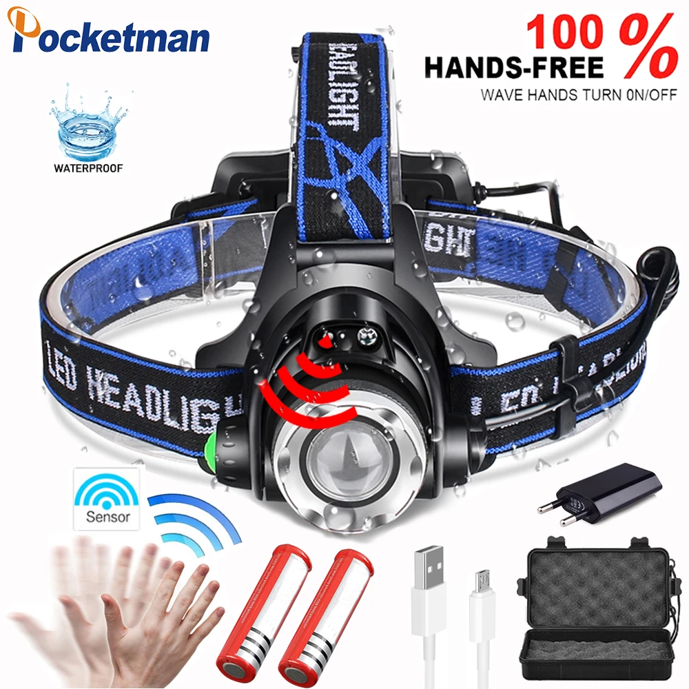 

With Sensor Powerfull LED headlamp fishing headlight T6/L2 3 modes Zoomable Waterproof Head Torch flashlight Head lamp use 18650