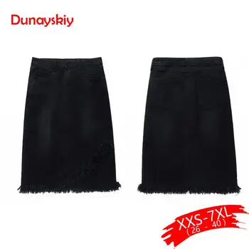 

Plus Size Tassel Hem Wrap Overlap Black Bodycon Denim Skirts 3Xl 5Xl 7Xl Spring Women Office Lady Workwear Midi Denim Skirts