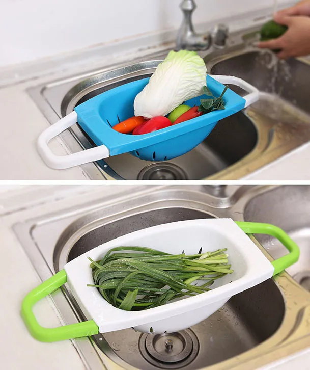 1PC Kitchen Colander Vegetable Fruit Strainer Extendable Handles Over