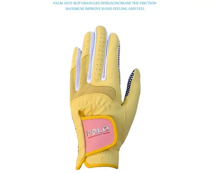 POLO Golf Lady перчатки Спортивные противоскользящие гранулы удобные дышащие женские перчатки для гольфа правой и левой перчатки 2 пара/лот - Цвет: Цвет: желтый