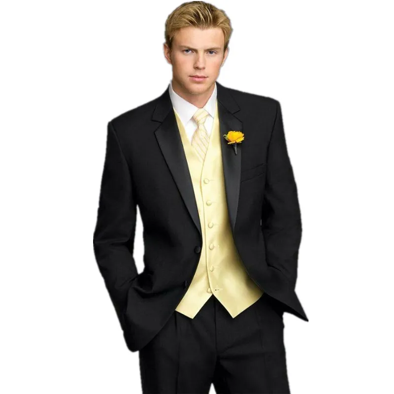 Tailor Made Black Wedding Suits For Men Yellow Waistcoat Groom