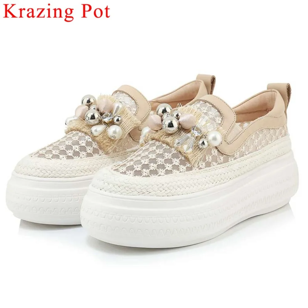 

Pearls crystal metal chian princess sweet style slip on loafers round toe flat platform natural leather vulcanized shoes L93