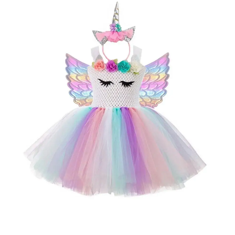 

Girls Rainbow Unicorn Tutu Dress With Hair Hoop Wings Princess Flower Girl Party Dress Children Kids Halloween Unicorn Costume