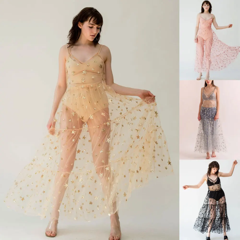 Женское сексуальное прозрачное Сетчатое платье макси со звездами, бикини, накидка, купальник, летняя верхняя одежда, платье с v-образным вырезом