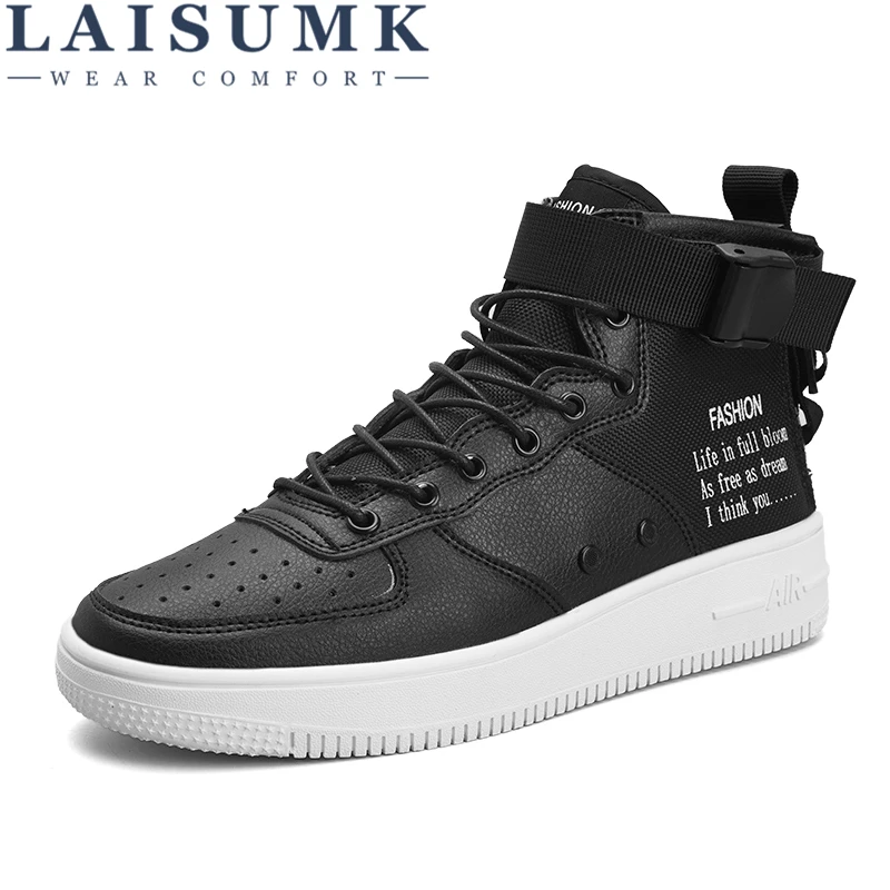 cheap LAISUMK Men Casual Shoes Top Quality Pu Leather Men High Top Shoes Fashion Lace Up Breathable Hip Hop Shoes Men Red Black White