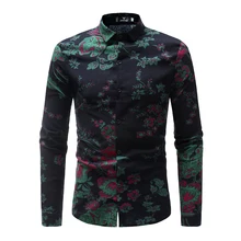 Бренд, лидер продаж, модная мужская рубашка, топы с длинными рукавами, цветочный принт, мужские рубашки, тонкие мужские рубашки, черные, большие размеры XXXL