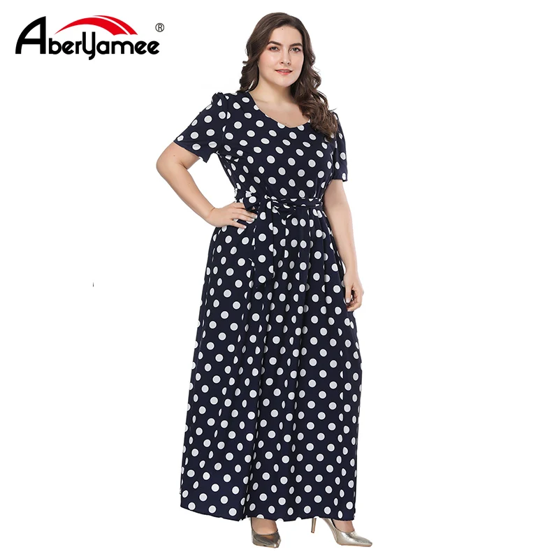 

Plus Size Wave Point Long Ddress Women Vintage O-Neck Short Sleeve Elegant Floor-Length Party Vestidos Women Summer Casual Dress
