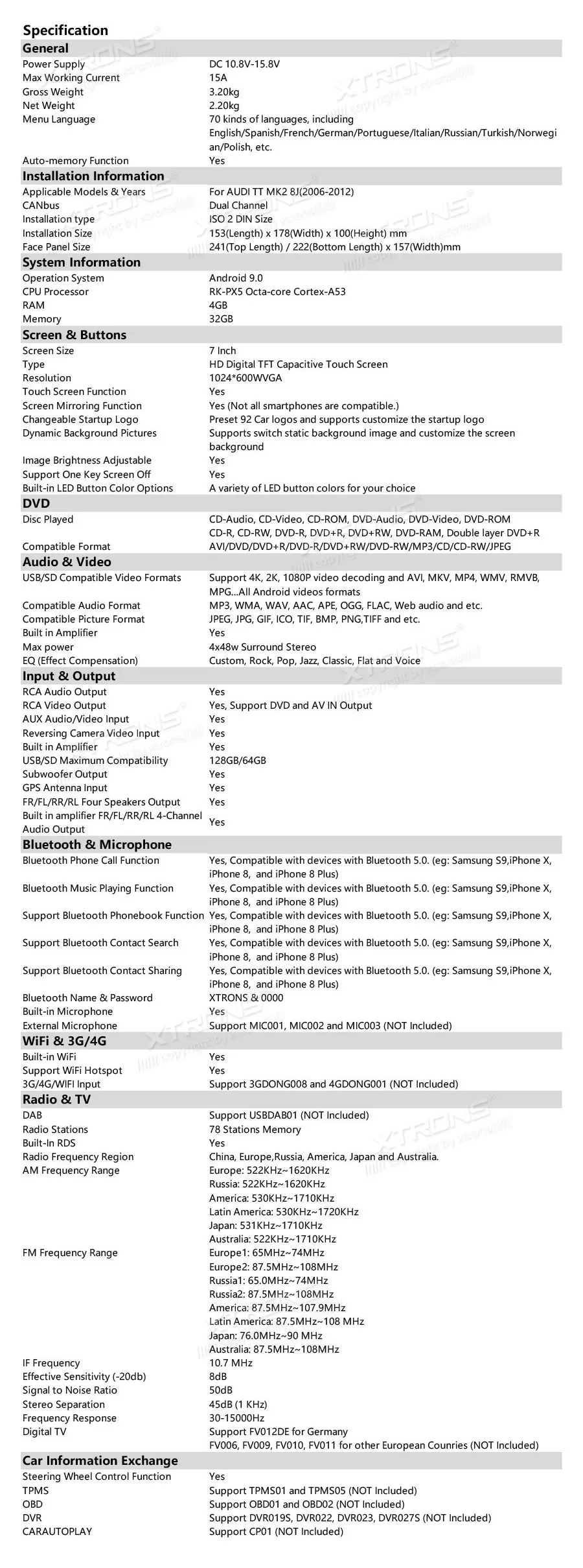 Perfect XTRONS 2 Din 7" Android 9.0 Octa Core GPS Navigation Radio Car DVD Player for Audi TT MK2 8J 2006 2007 2008 2009 2010 2011 2012 27