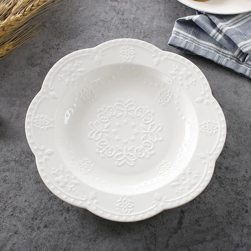 Цельная белая рельефная тарелка, обеденные тарелки, блюда, керамическая тарелка дворца