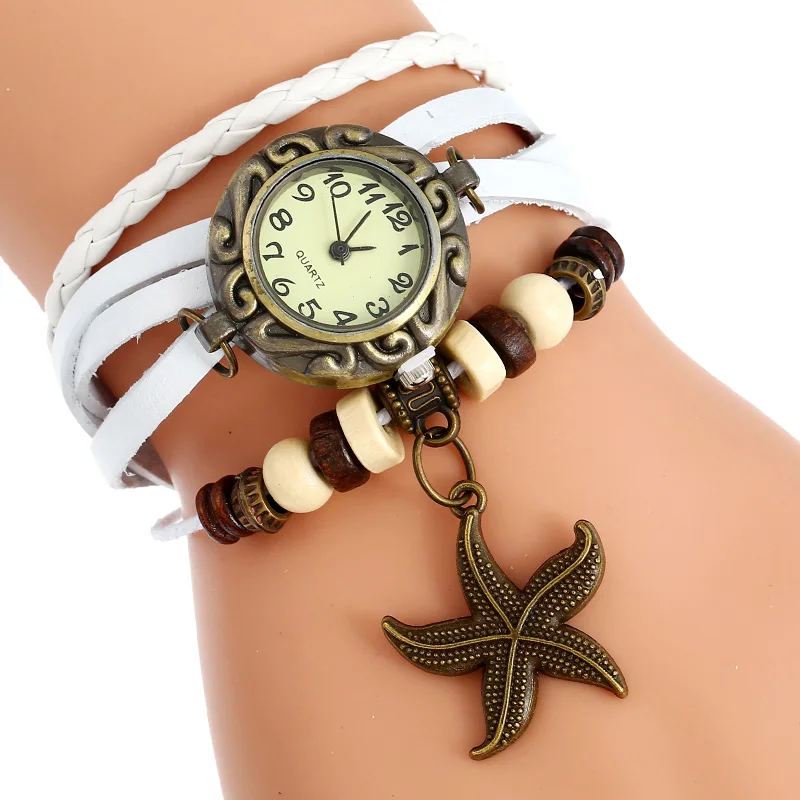 Gnova Платиновые индийский этнический браслет часы Морская звезда Шарм Винтаж наручные часы с ремешком из натуральной кожи для девочек модная школьная сумка A902
