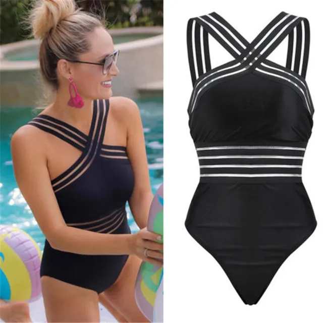 US $5.25 2019 Sexy One Piece Swimsuit Women High Neck Bandage Cross Back Neck Monokini Black Swimwear Women 