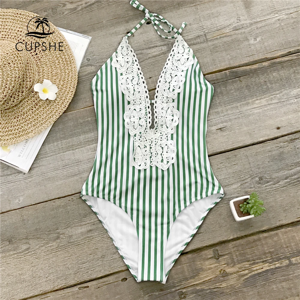 

CUPSHE Green And White Striped Lace One-Piece Swimsuit Women Self Tied Halter Monokini Bathing Suits Swimwear