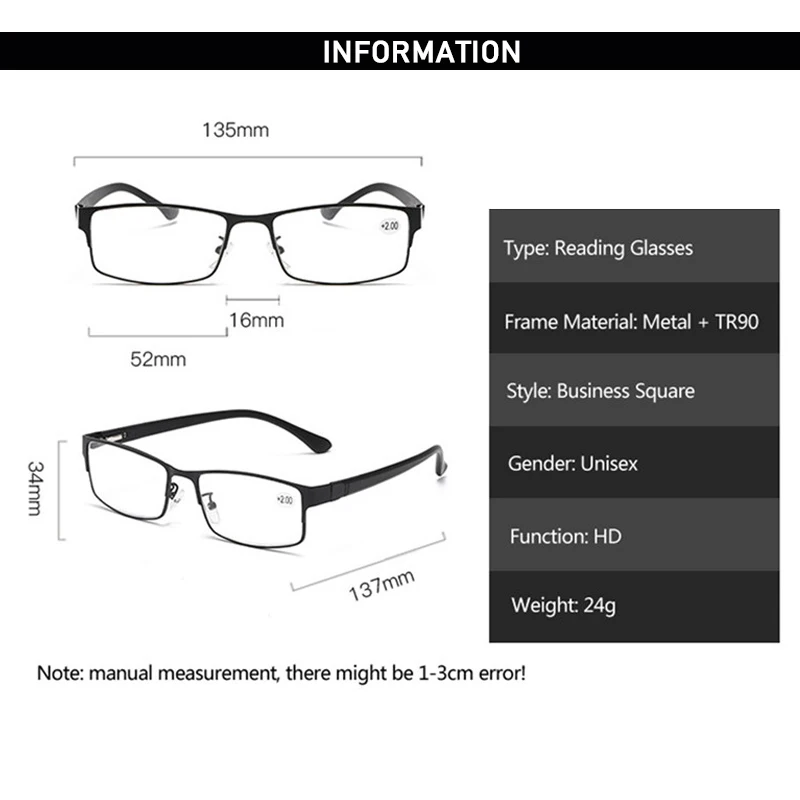 Ahora New TR90 Men Business Reading Glasses Metal Frame Square Reading Presbyopia Eyeglasses With Diopter+1.0 1.5 2.0 2.5 3.0 4