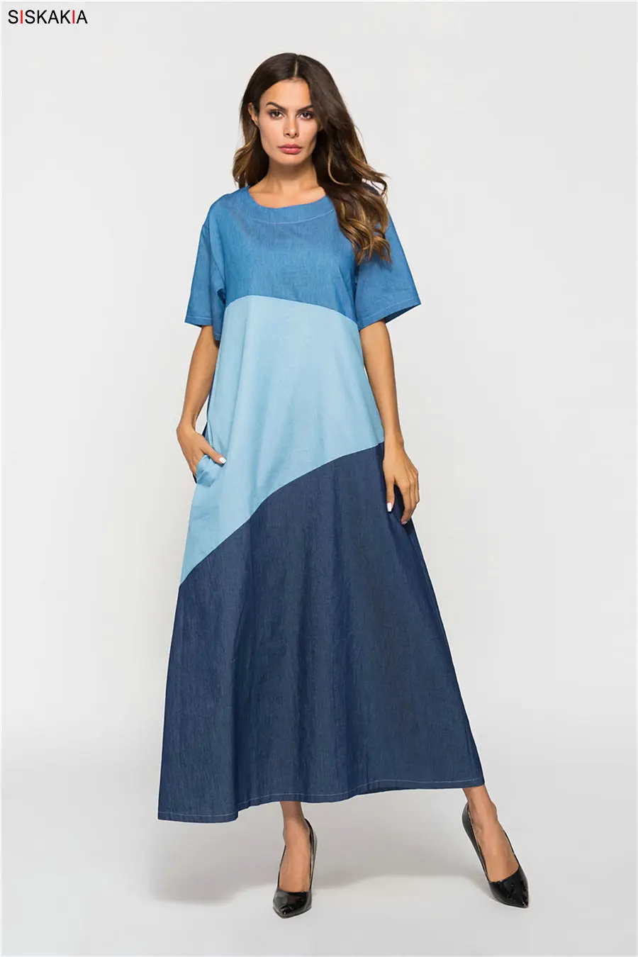 Siskakia, винтажное платье-рубашка с цветными блоками, лето, модное контрастное лоскутное платье макси, длинное платье, короткое, элегантное, джинсовое, синее