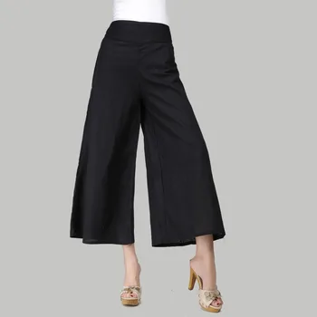 

Brand New Cotton Linen Wide Leg Pants Black Sexy Ankle-Length Culottes Pants Loose Women Clothing Pants Woman