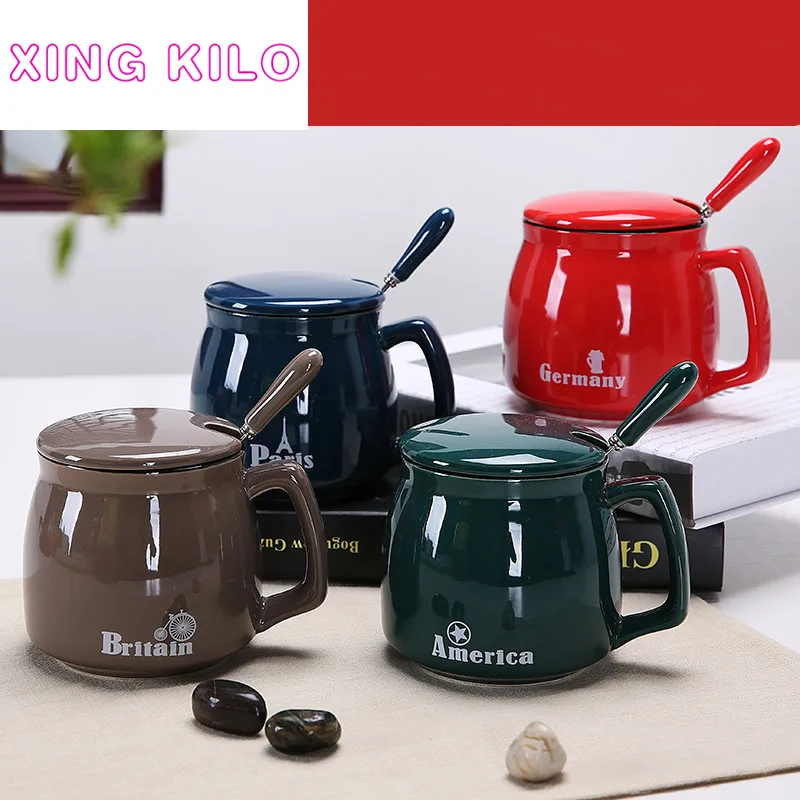 

XING KILO Ceramic cup with lid spoon, mug, milk cup, coffee cup