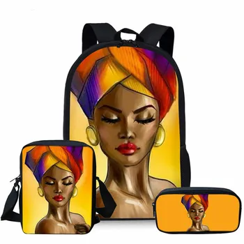 

ThiKin School Bags for Teenager School Bagpack Black Art African Girl Printing Book Bags Children 3pcs/set Mochila Escolar