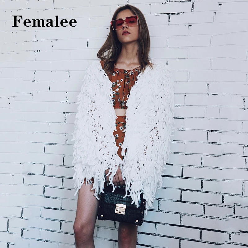 FEMALEE Warm Knitting Shaggy Jacket Coat Women Soft White