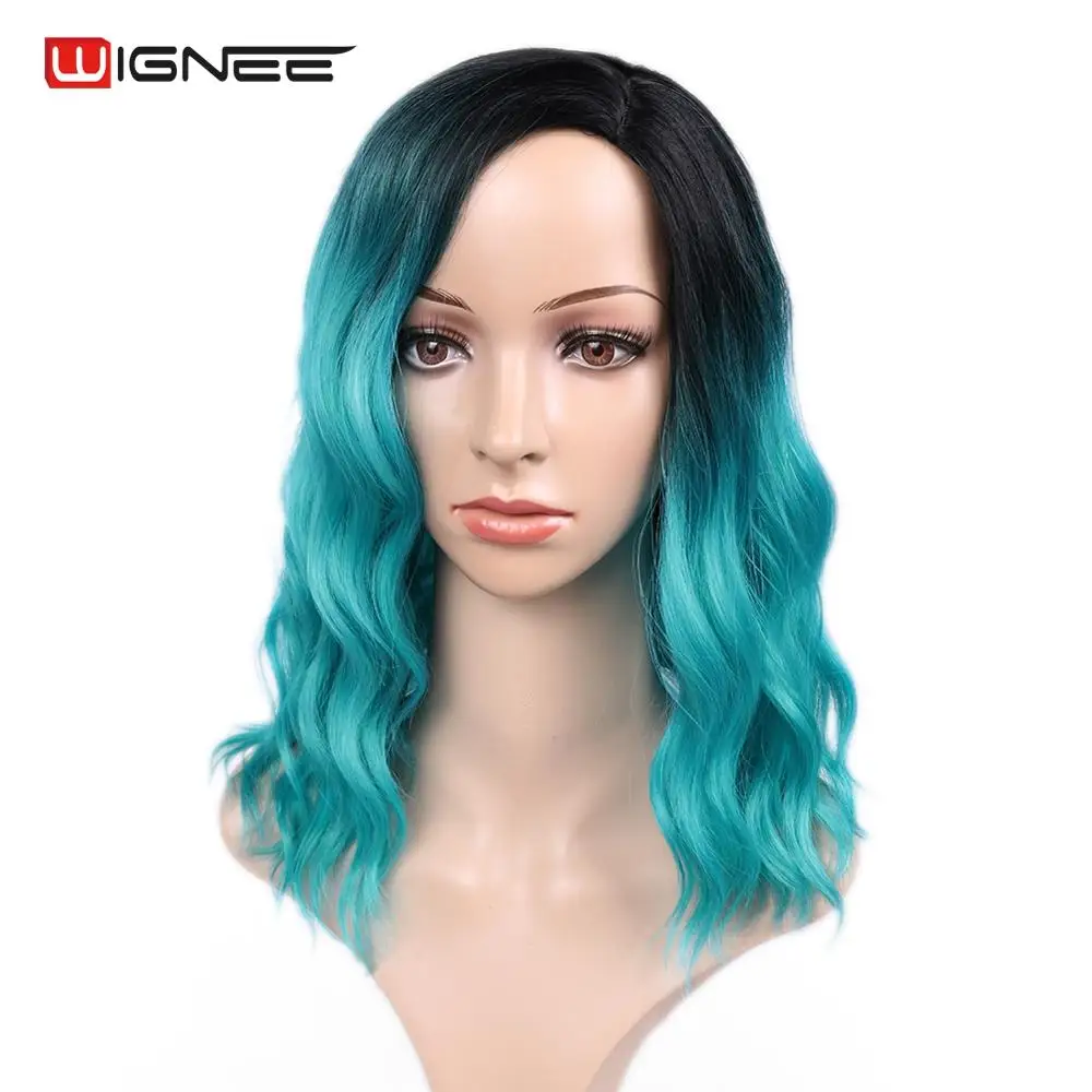 Wignee Ombre Black To Sky Blue Wig Side Part 14 Synthetic Wigs